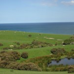 Champs et vue sur la mer aux environs d'Oamaru